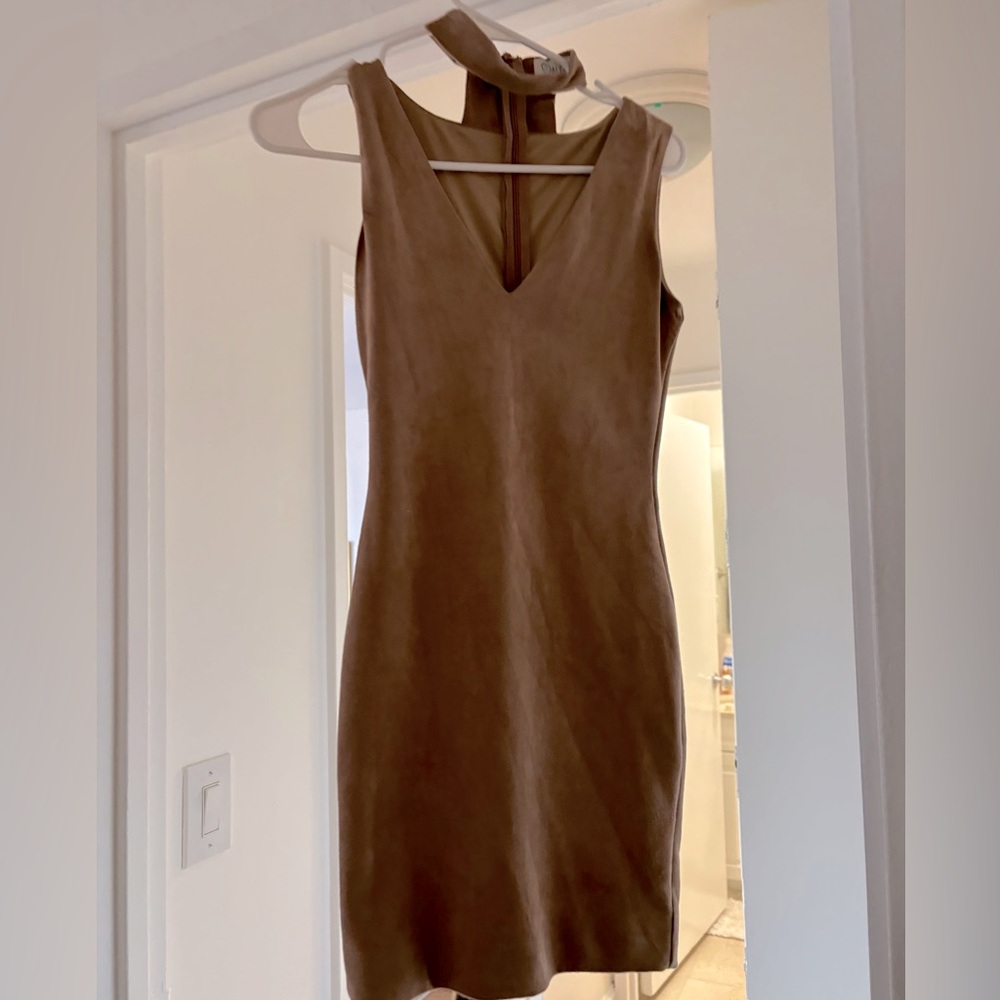 Faux suede fitted dress with collar